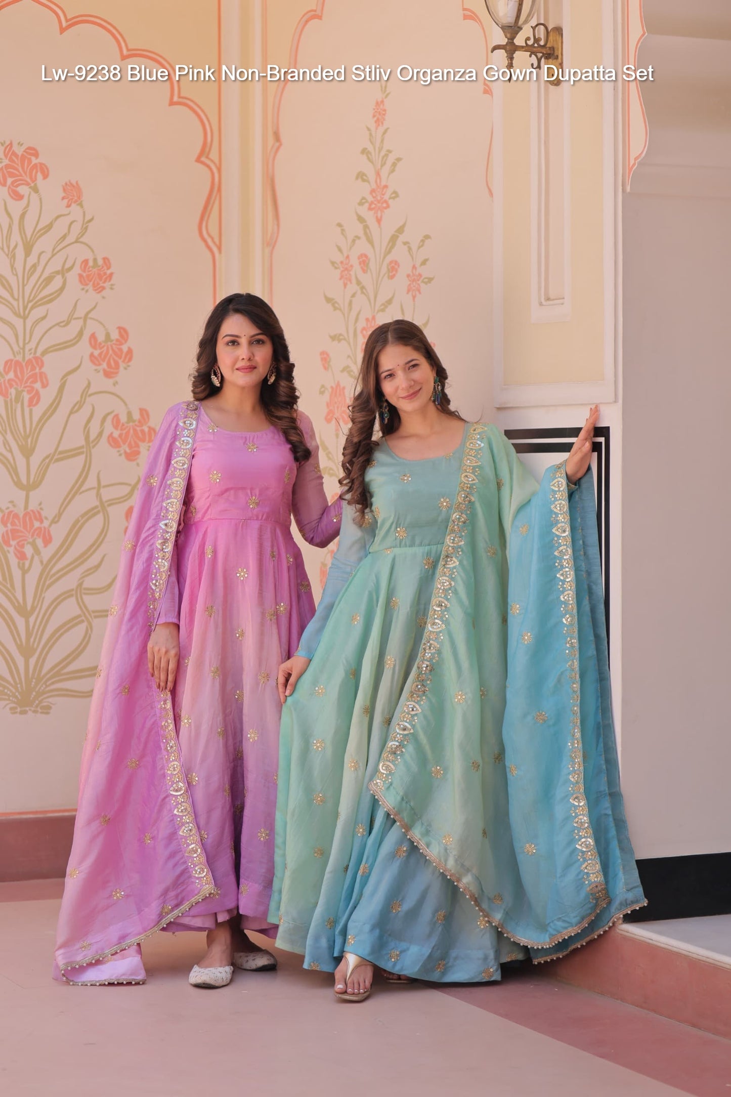 Lw-9238 Blue Pink Non-Branded Stliv Organza Gown Dupatta Set