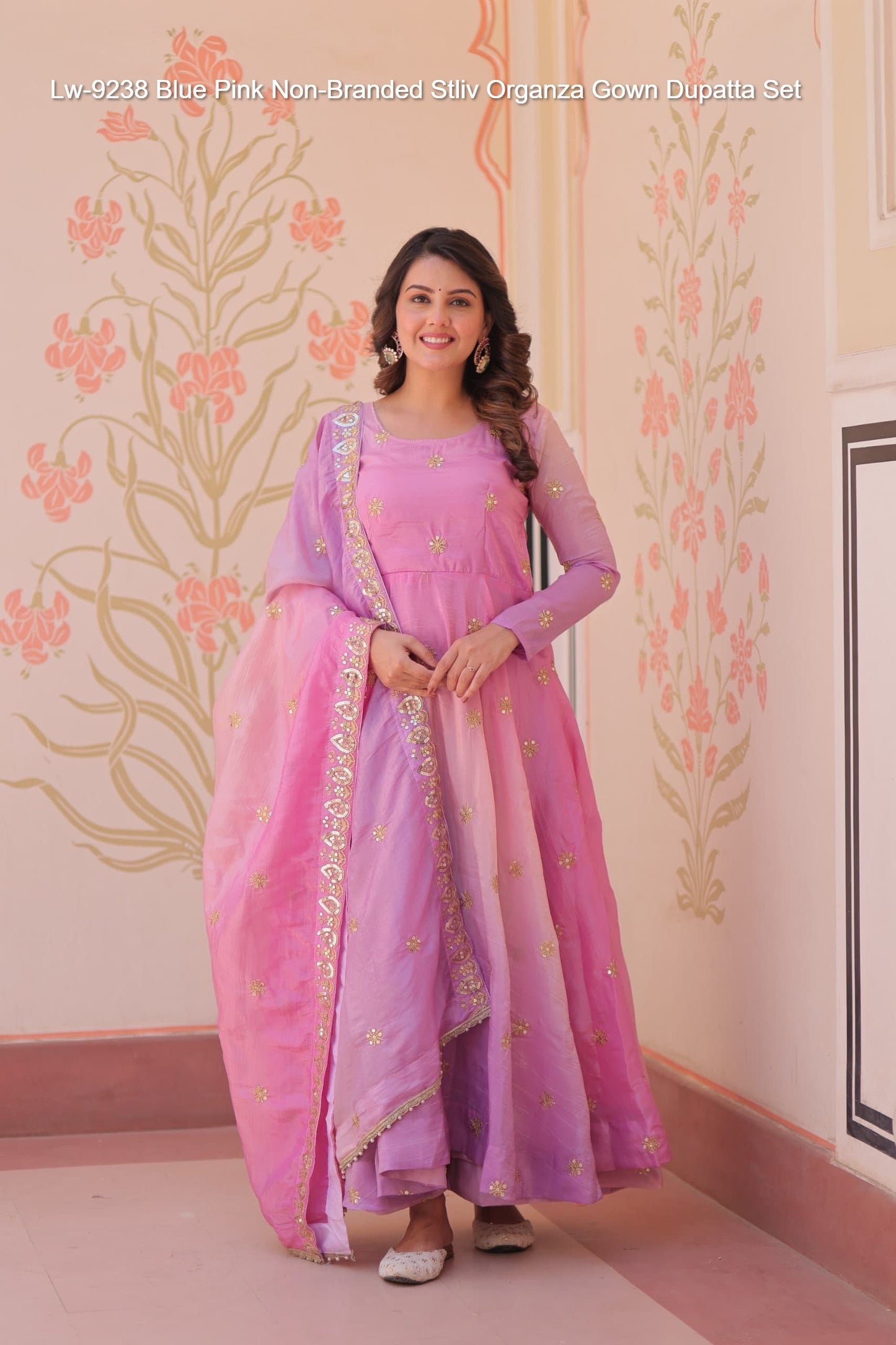 Lw-9238 Blue Pink Non-Branded Stliv Organza Gown Dupatta Set