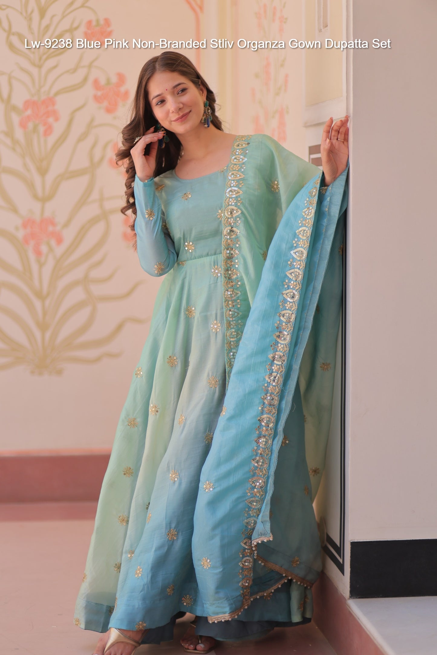 Lw-9238 Blue Pink Non-Branded Stliv Organza Gown Dupatta Set
