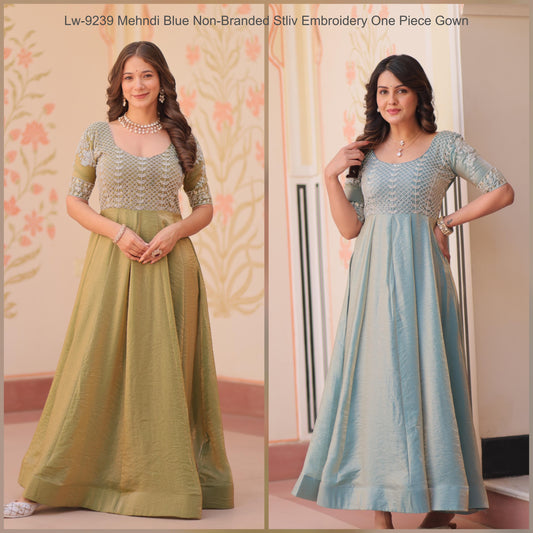 Lw-9239 Mehndi Blue Non-Branded Stliv Embroidery One Piece Gown