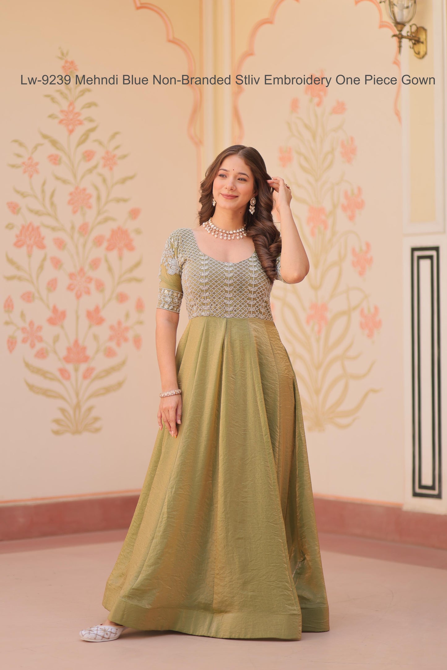 Lw-9239 Mehndi Blue Non-Branded Stliv Embroidery One Piece Gown