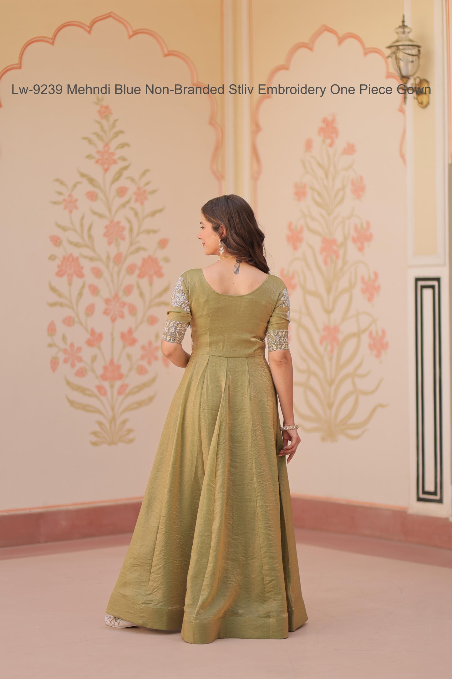 Lw-9239 Mehndi Blue Non-Branded Stliv Embroidery One Piece Gown