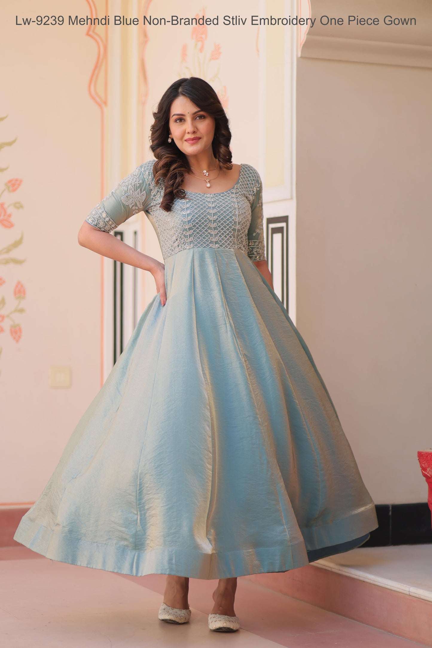 Lw-9239 Mehndi Blue Non-Branded Stliv Embroidery One Piece Gown
