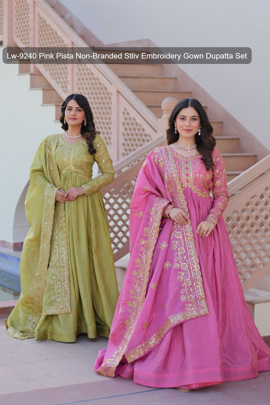 Lw-9240 Pink Pista Non-Branded Stliv Embroidery Gown Dupatta Set