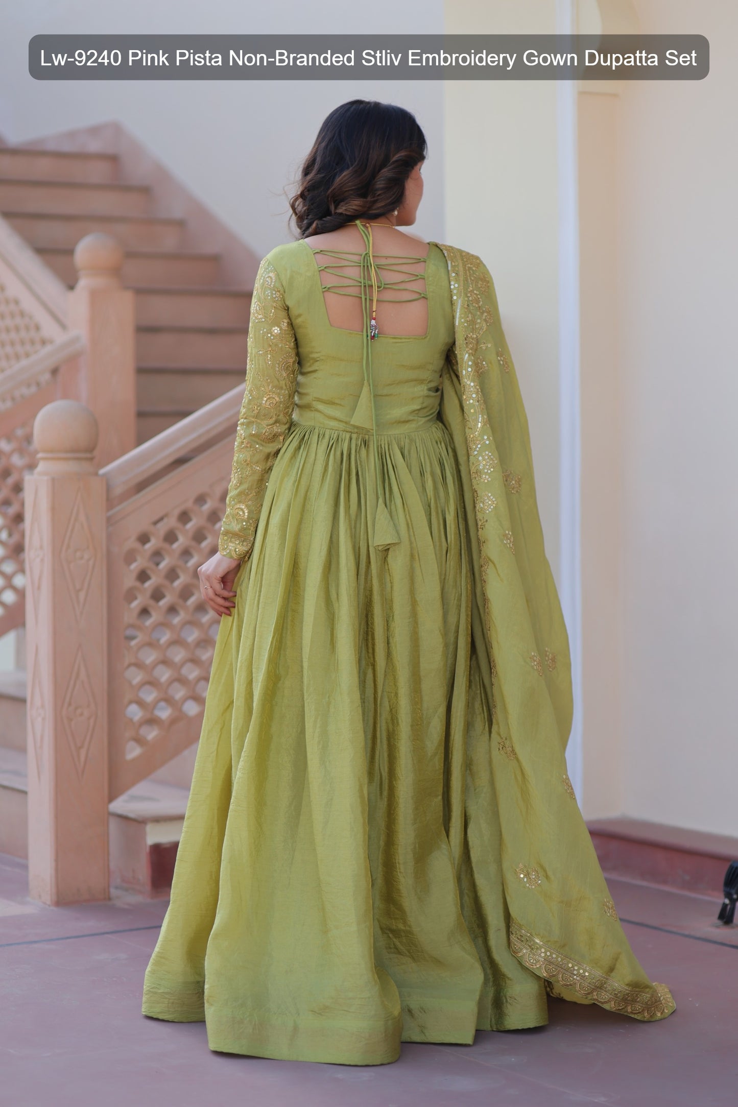 Lw-9240 Pink Pista Non-Branded Stliv Embroidery Gown Dupatta Set