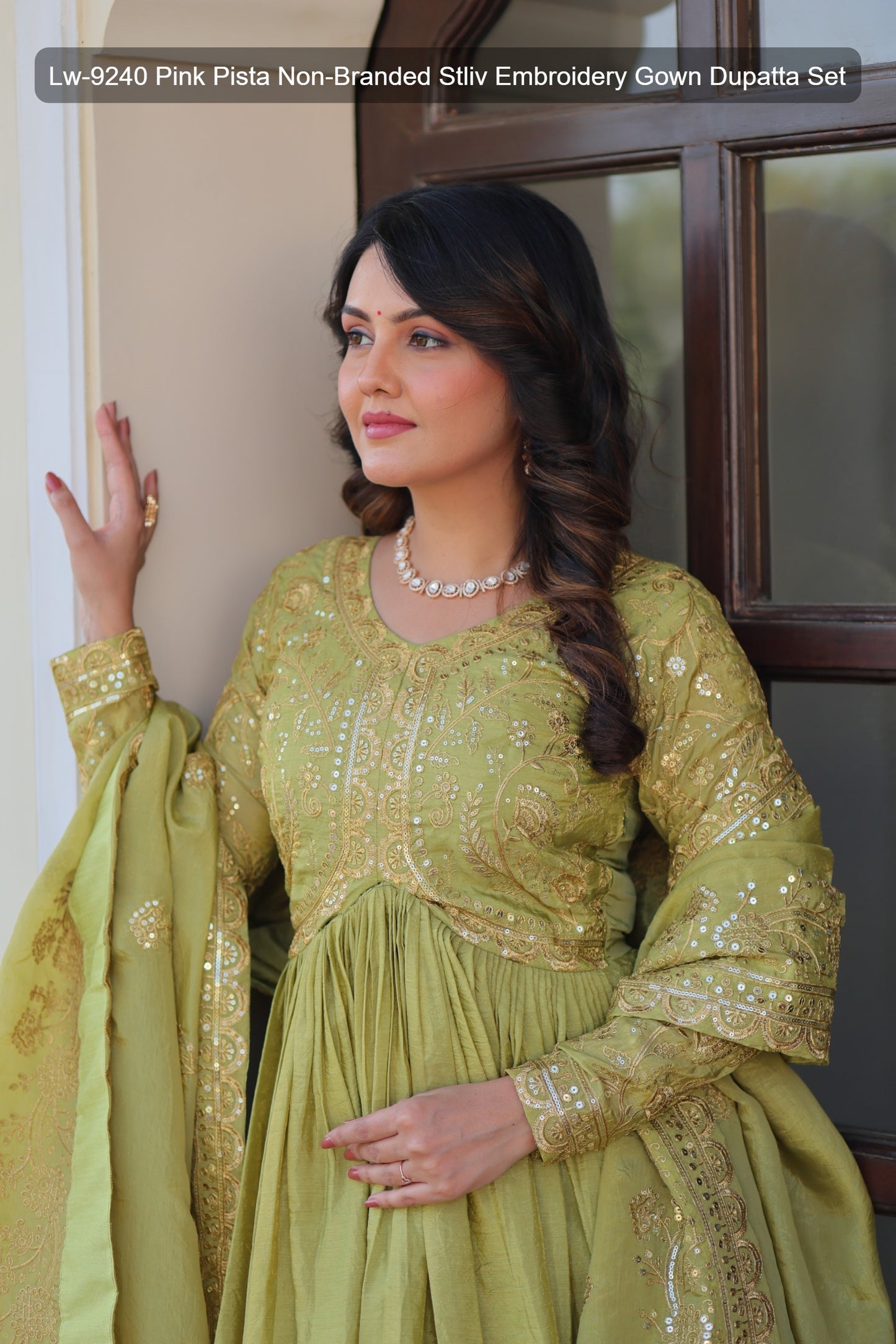 Lw-9240 Pink Pista Non-Branded Stliv Embroidery Gown Dupatta Set