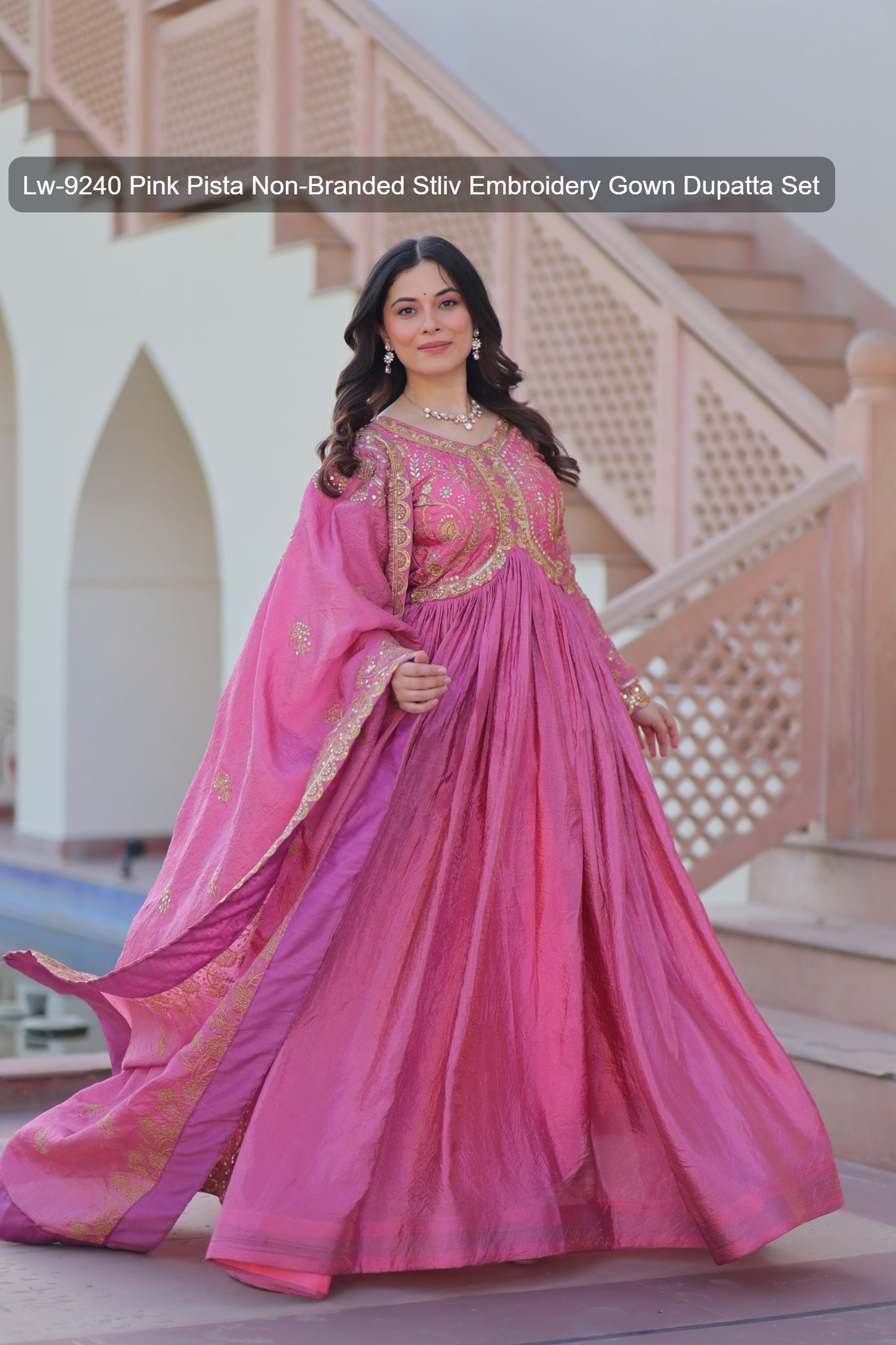 Lw-9240 Pink Pista Non-Branded Stliv Embroidery Gown Dupatta Set