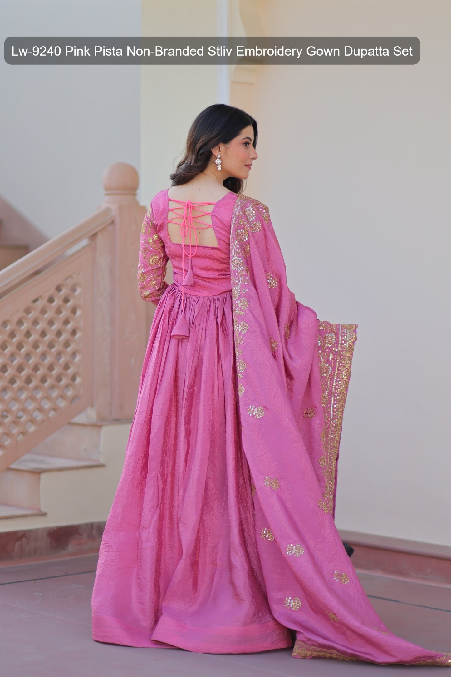 Lw-9240 Pink Pista Non-Branded Stliv Embroidery Gown Dupatta Set