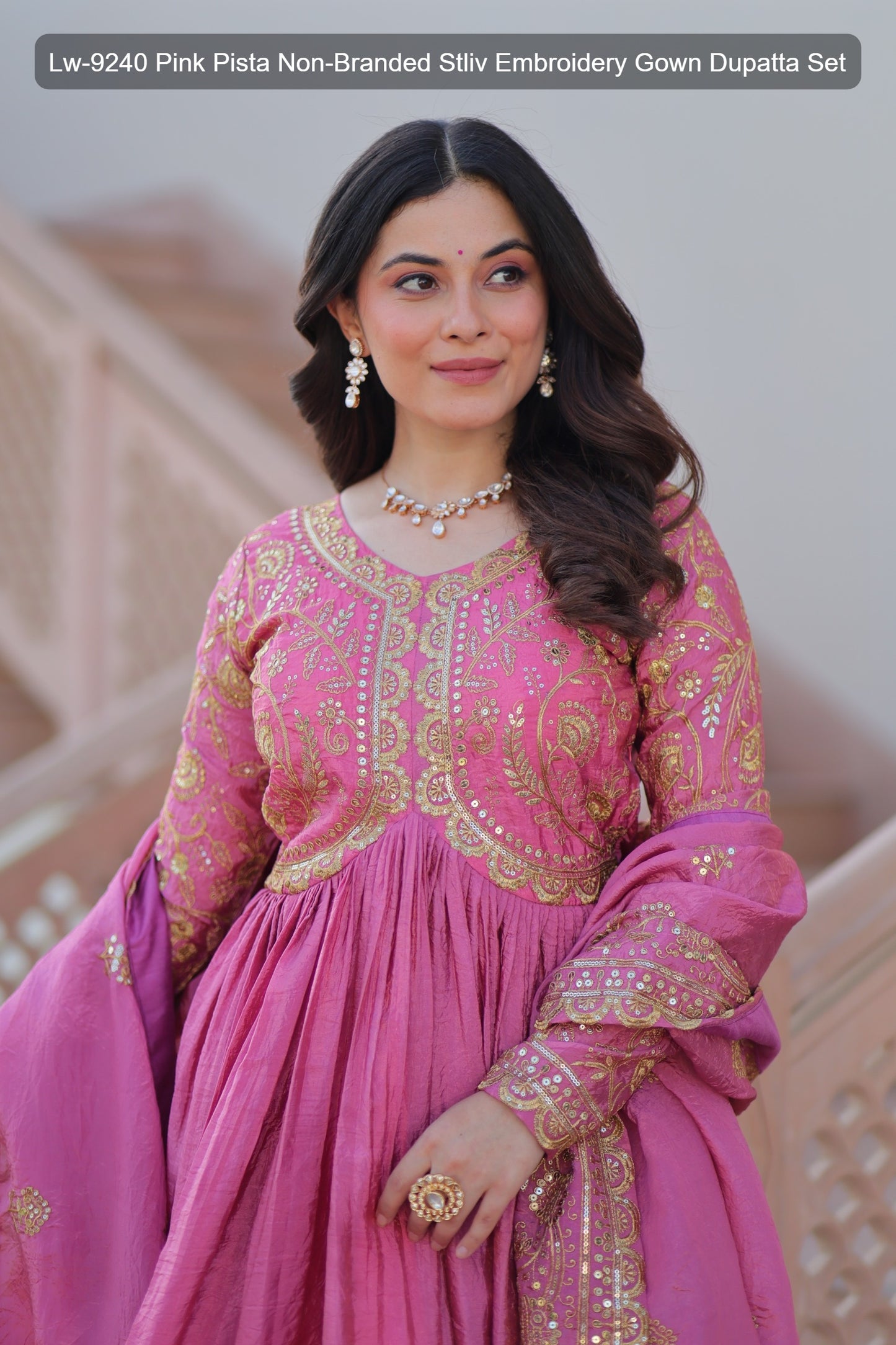 Lw-9240 Pink Pista Non-Branded Stliv Embroidery Gown Dupatta Set
