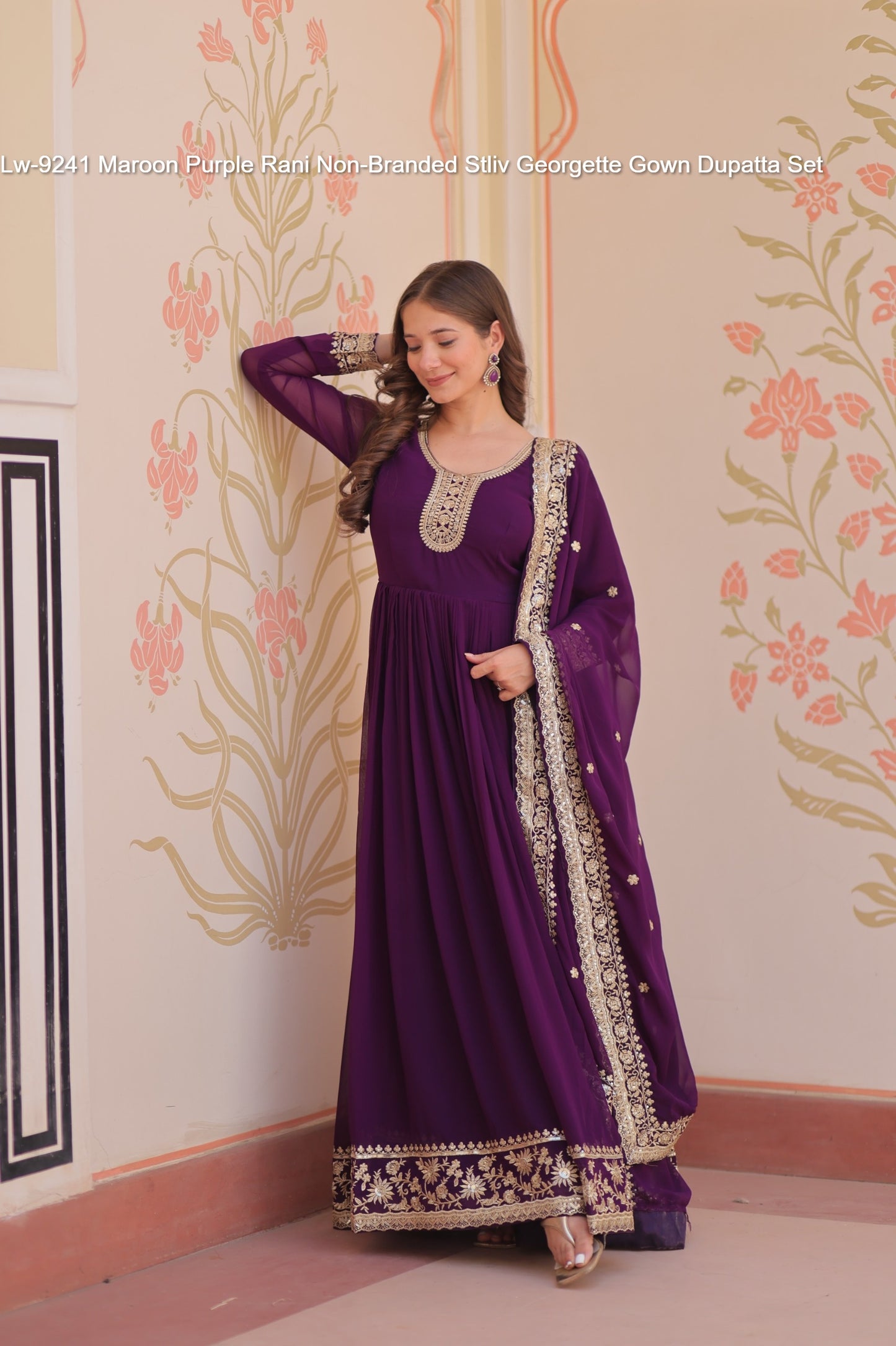 Lw-9241 Maroon Purple Rani Non-Branded Stliv Georgette Gown Dupatta Set