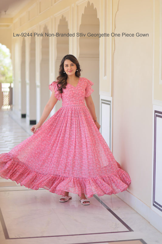Lw-9244 Pink Non-Branded Stliv Georgette One Piece Gown