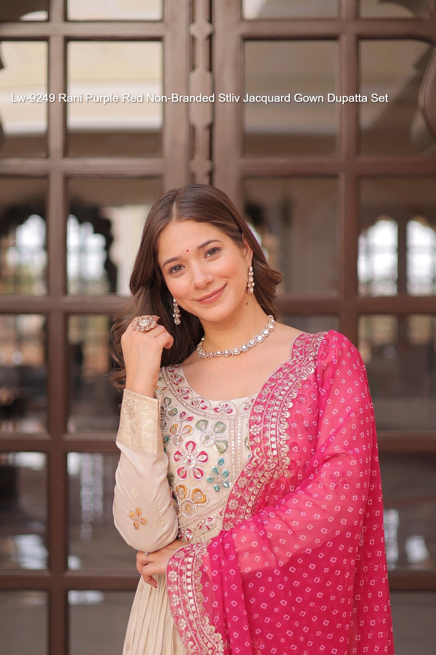 Lw-9249 Rani Purple Red Non-Branded Stliv Jacquard Gown Dupatta Set