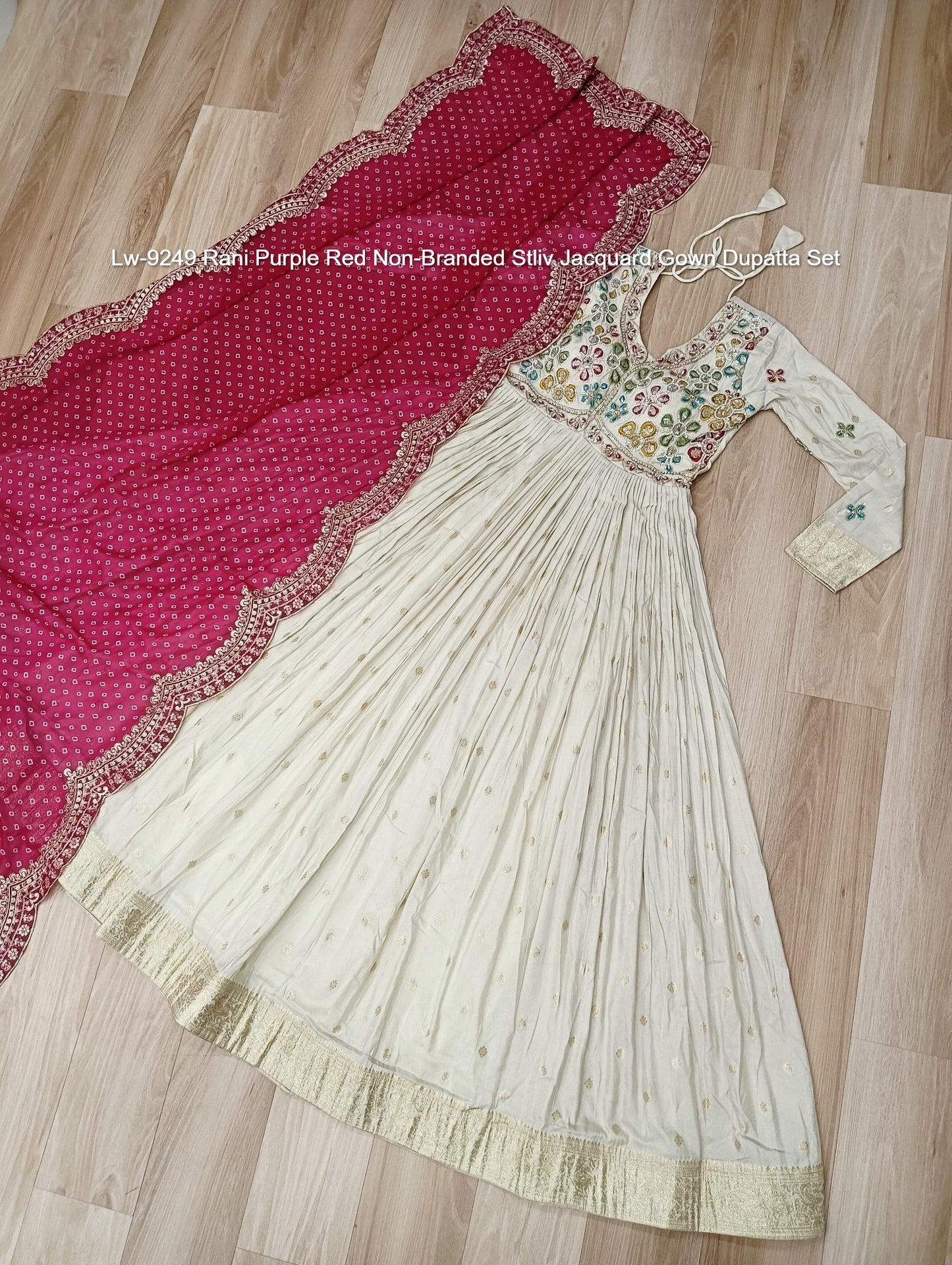 Lw-9249 Rani Purple Red Non-Branded Stliv Jacquard Gown Dupatta Set