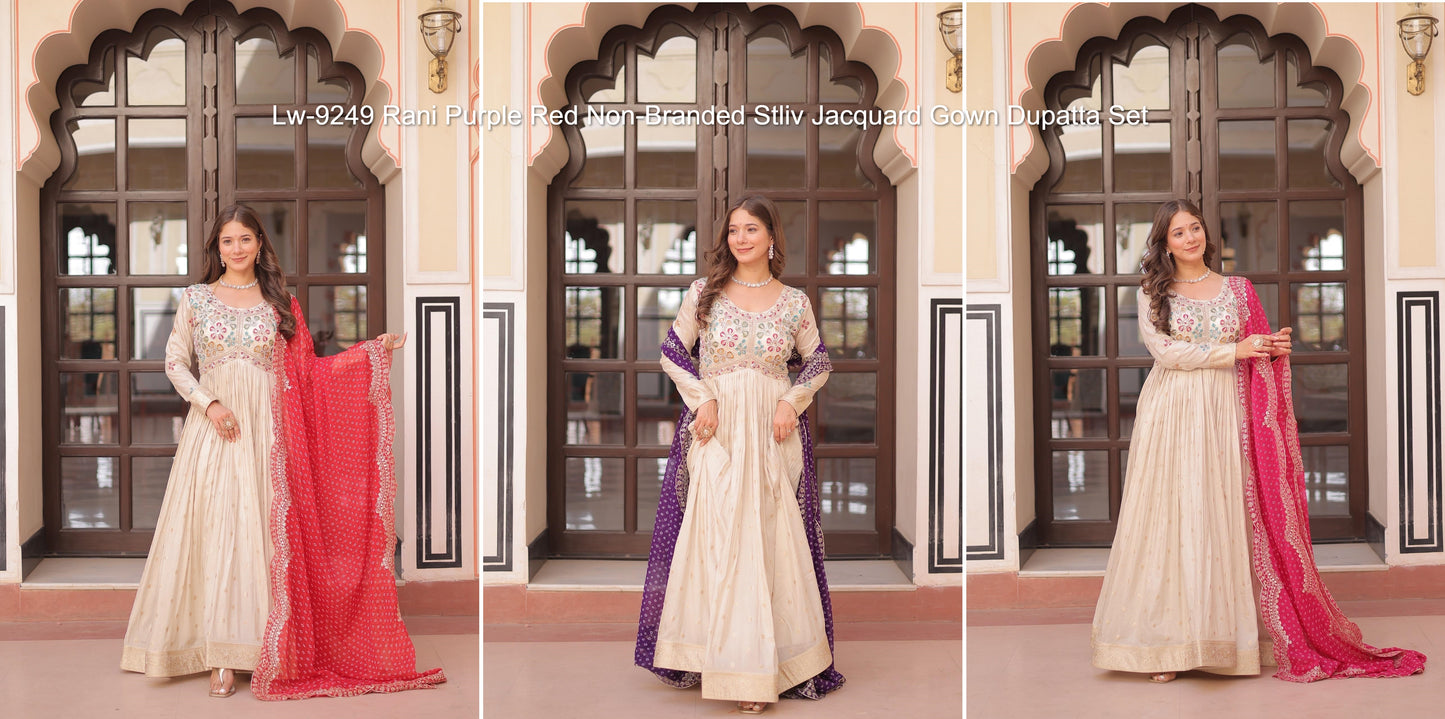 Lw-9249 Rani Purple Red Non-Branded Stliv Jacquard Gown Dupatta Set