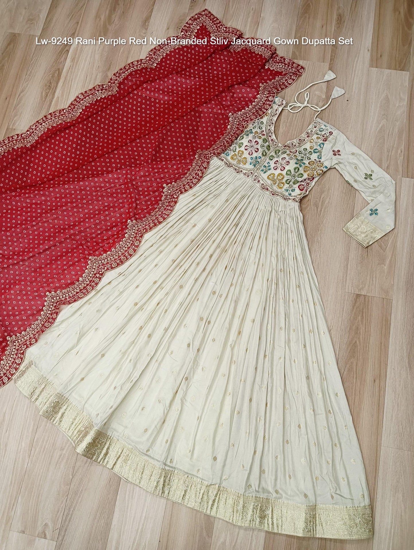 Lw-9249 Rani Purple Red Non-Branded Stliv Jacquard Gown Dupatta Set
