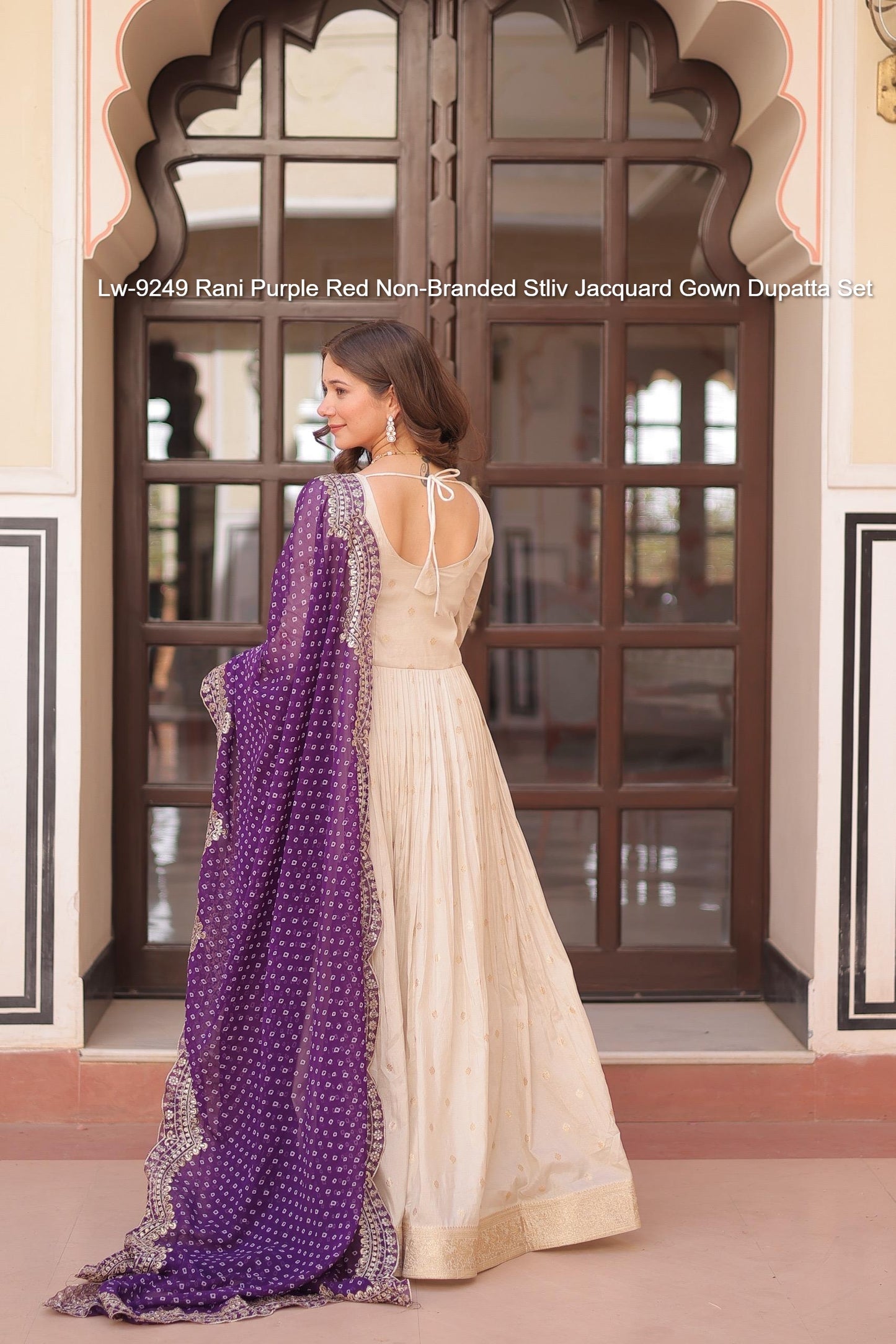 Lw-9249 Rani Purple Red Non-Branded Stliv Jacquard Gown Dupatta Set