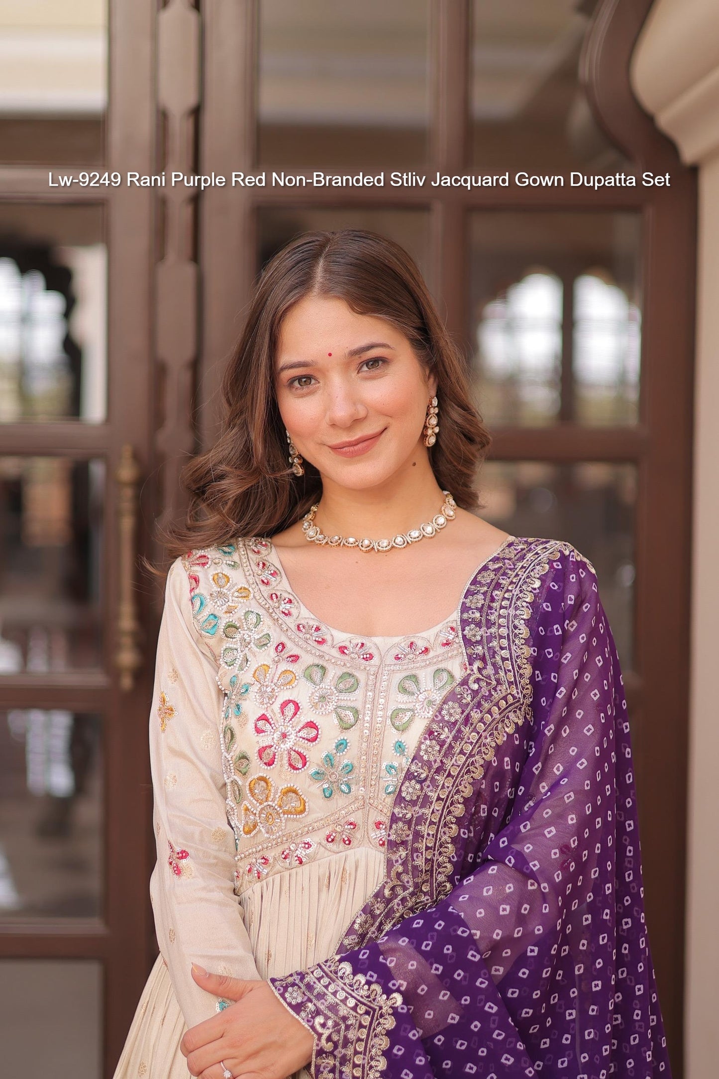 Lw-9249 Rani Purple Red Non-Branded Stliv Jacquard Gown Dupatta Set