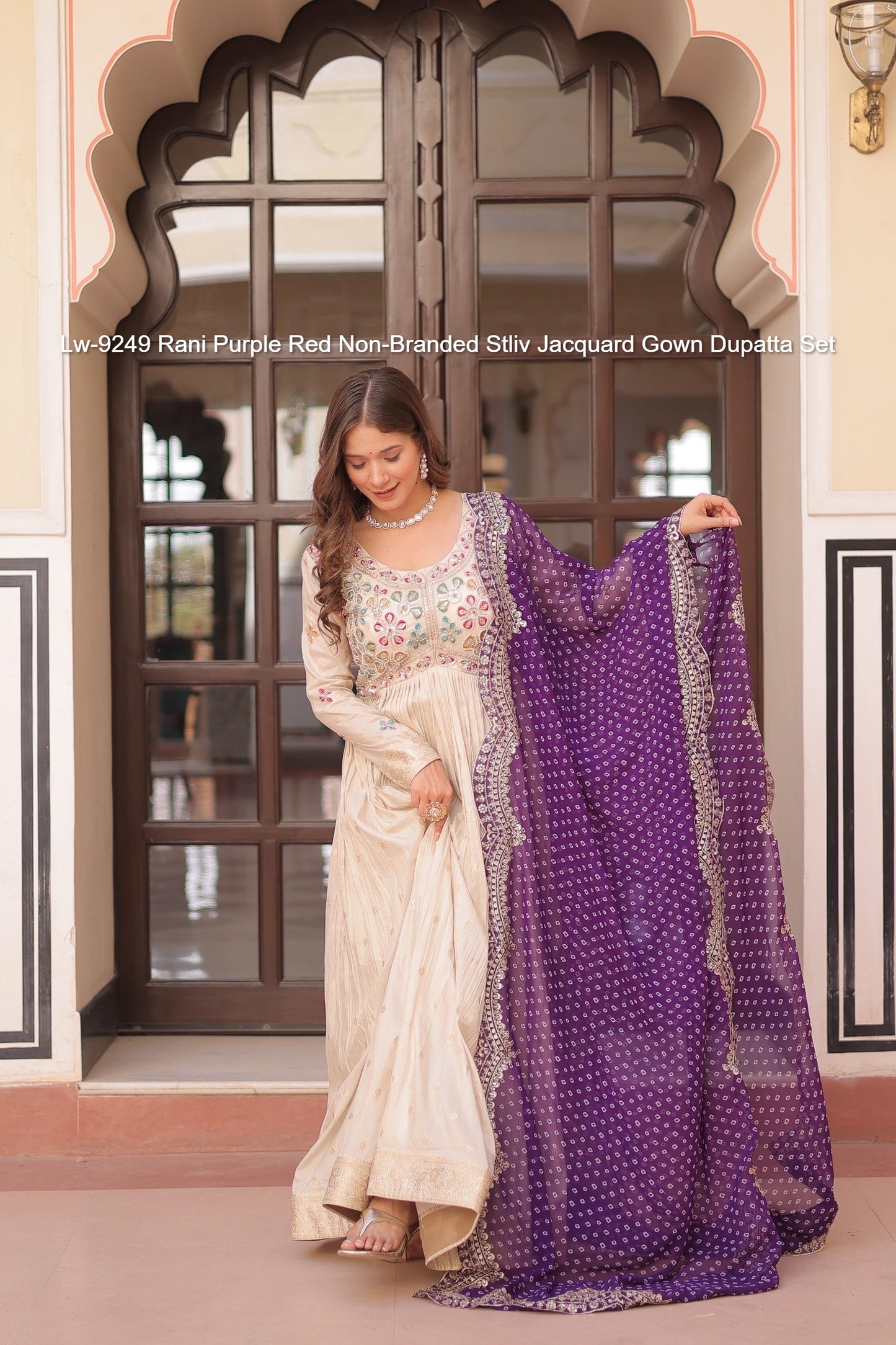 Lw-9249 Rani Purple Red Non-Branded Stliv Jacquard Gown Dupatta Set