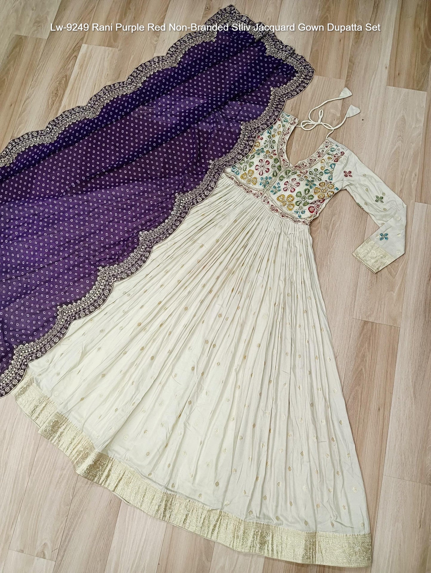 Lw-9249 Rani Purple Red Non-Branded Stliv Jacquard Gown Dupatta Set