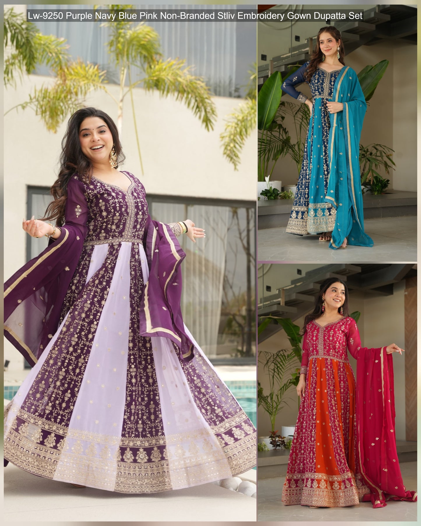 Lw-9250 Purple Navy Blue Pink Non-Branded Stliv Embroidery Gown Dupatta Set