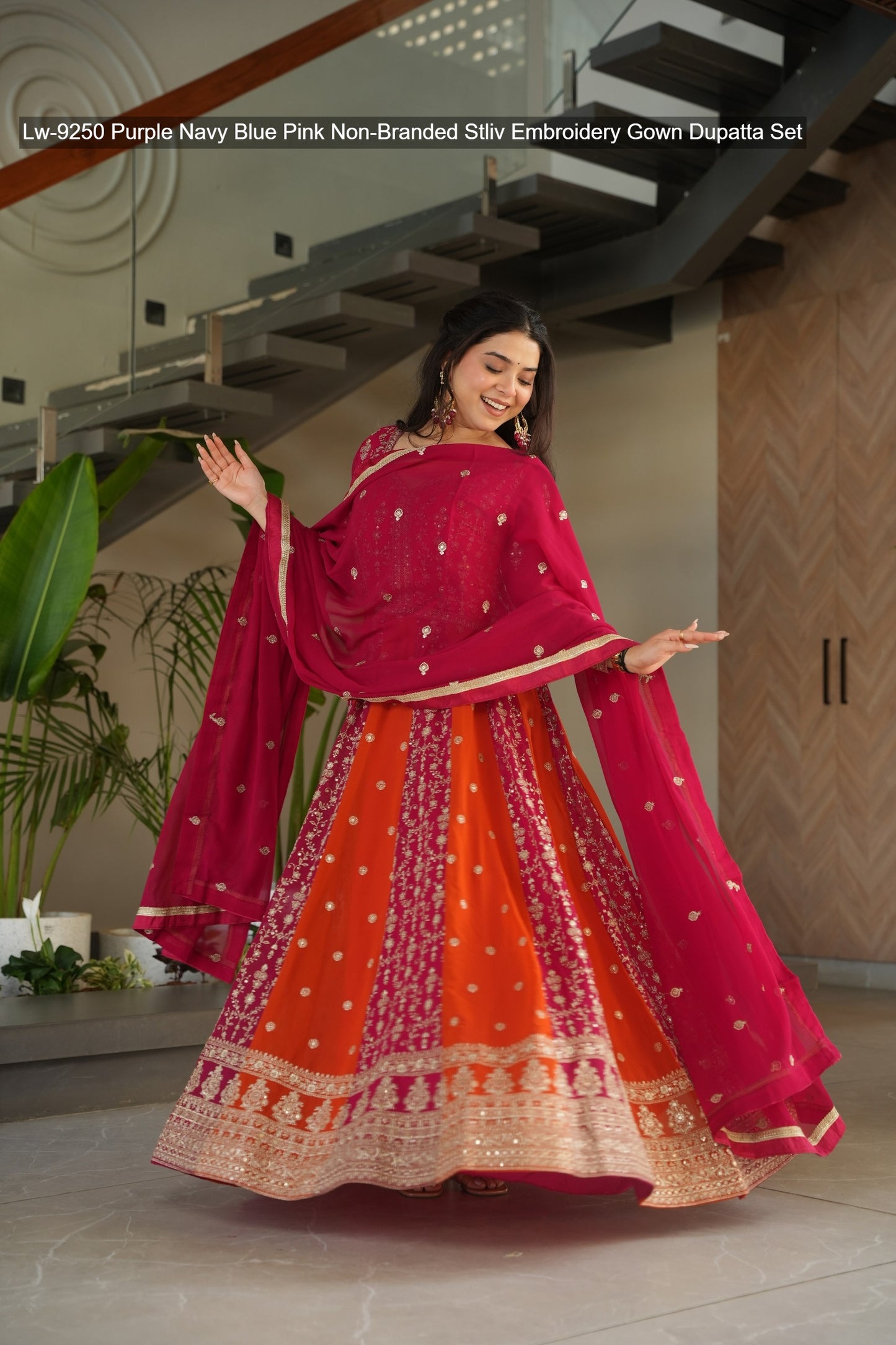 Lw-9250 Purple Navy Blue Pink Non-Branded Stliv Embroidery Gown Dupatta Set