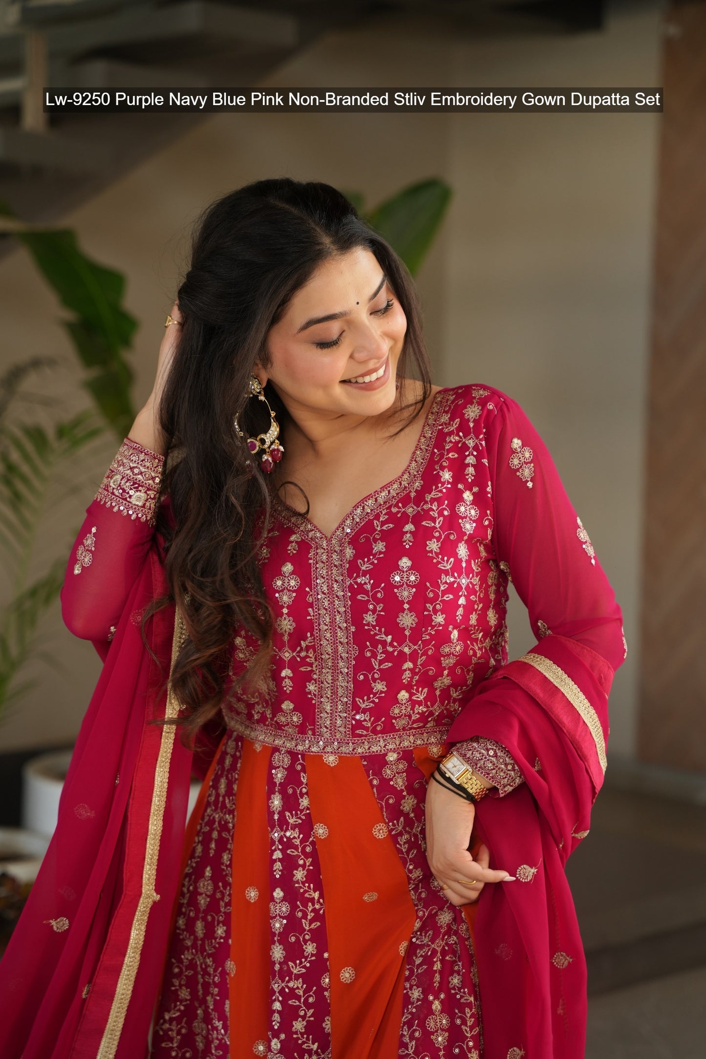 Lw-9250 Purple Navy Blue Pink Non-Branded Stliv Embroidery Gown Dupatta Set