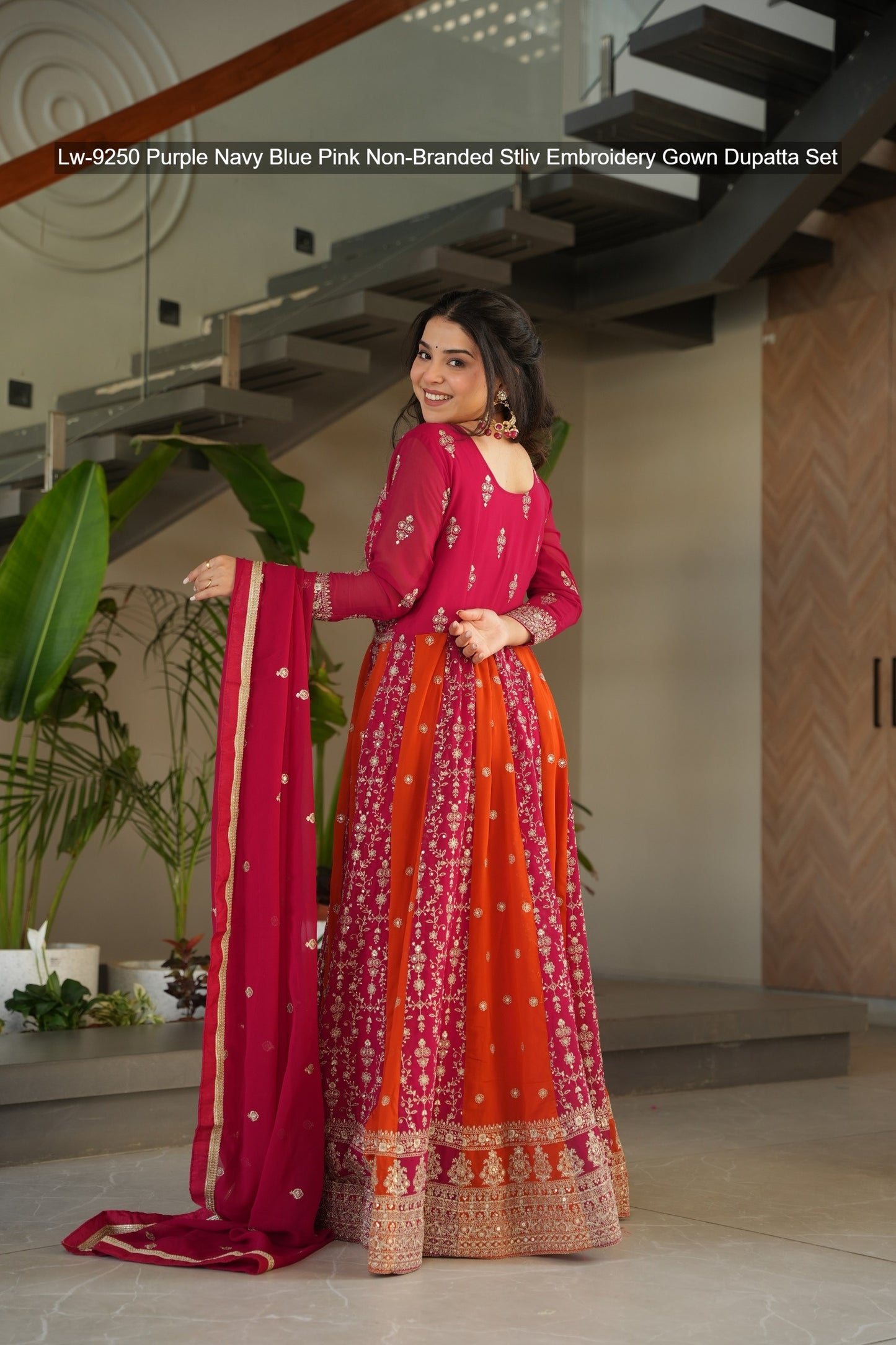 Lw-9250 Purple Navy Blue Pink Non-Branded Stliv Embroidery Gown Dupatta Set