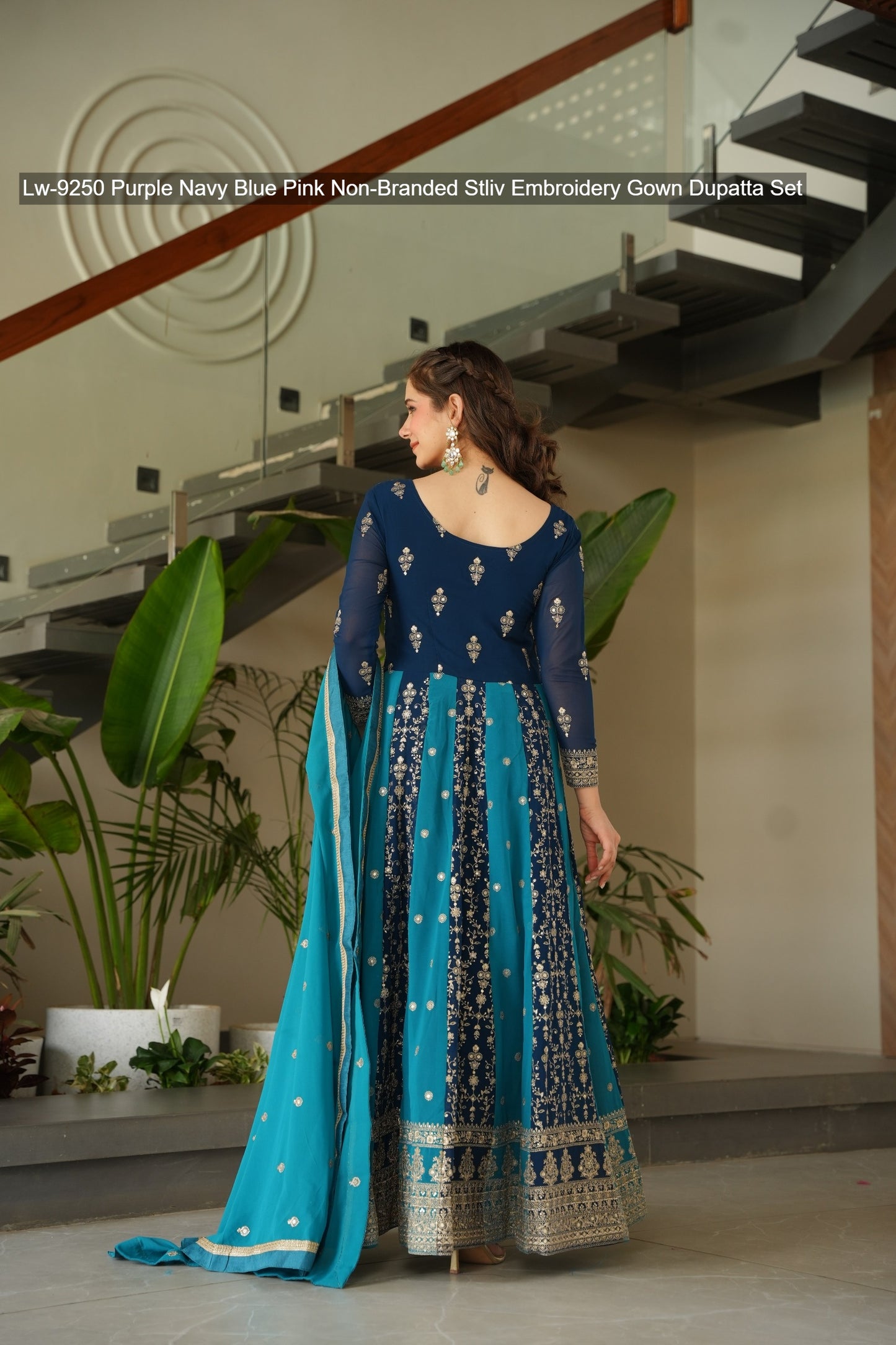 Lw-9250 Purple Navy Blue Pink Non-Branded Stliv Embroidery Gown Dupatta Set