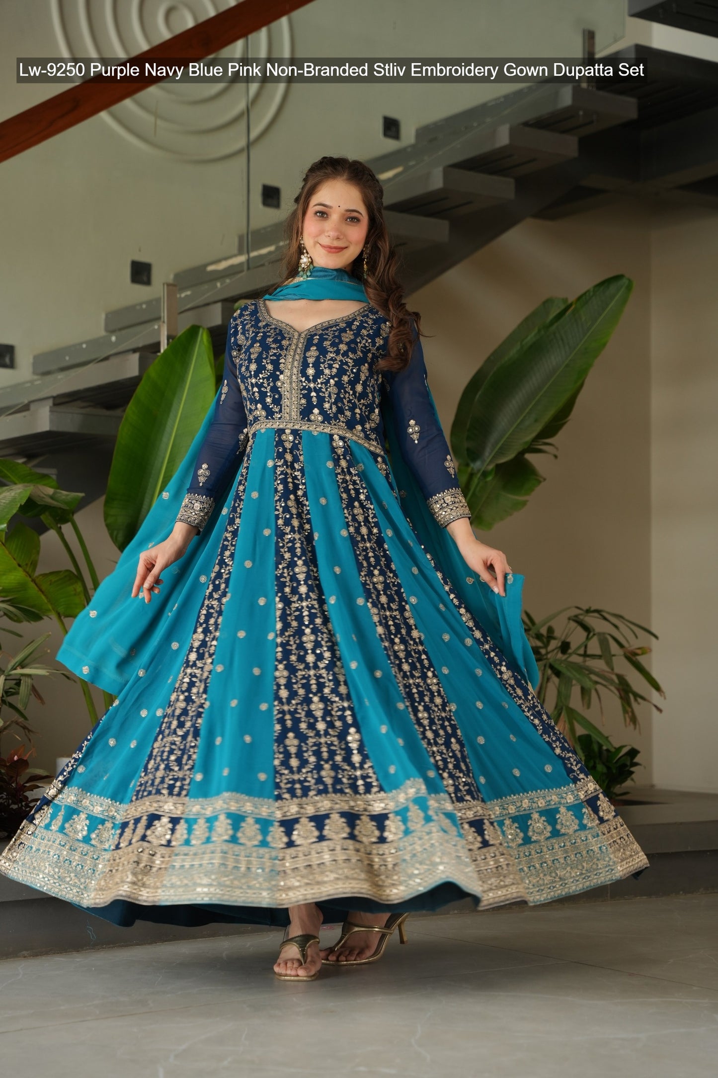 Lw-9250 Purple Navy Blue Pink Non-Branded Stliv Embroidery Gown Dupatta Set