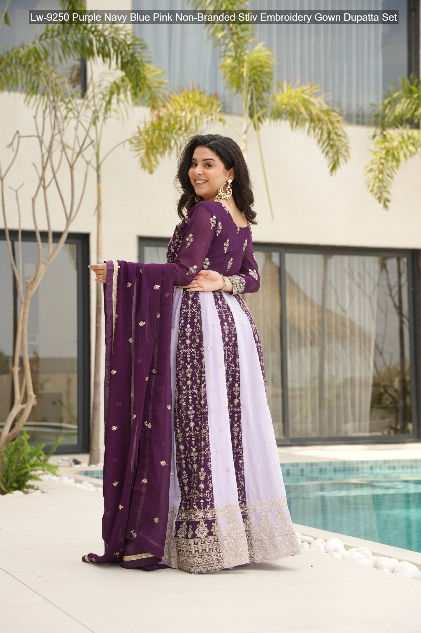 Lw-9250 Purple Navy Blue Pink Non-Branded Stliv Embroidery Gown Dupatta Set