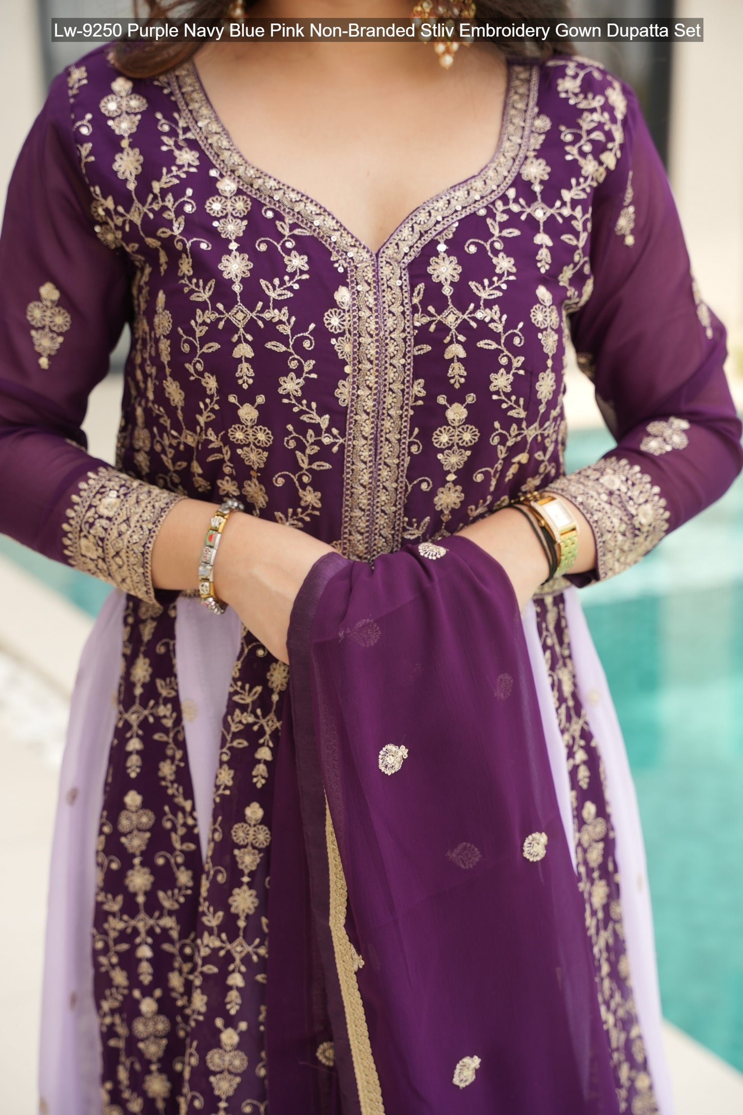 Lw-9250 Purple Navy Blue Pink Non-Branded Stliv Embroidery Gown Dupatta Set