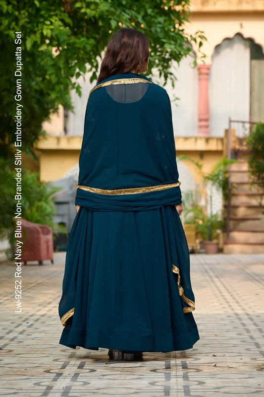 Lw-9252 Red Navy Blue Non-Branded Stliv Embroidery Gown Dupatta Set