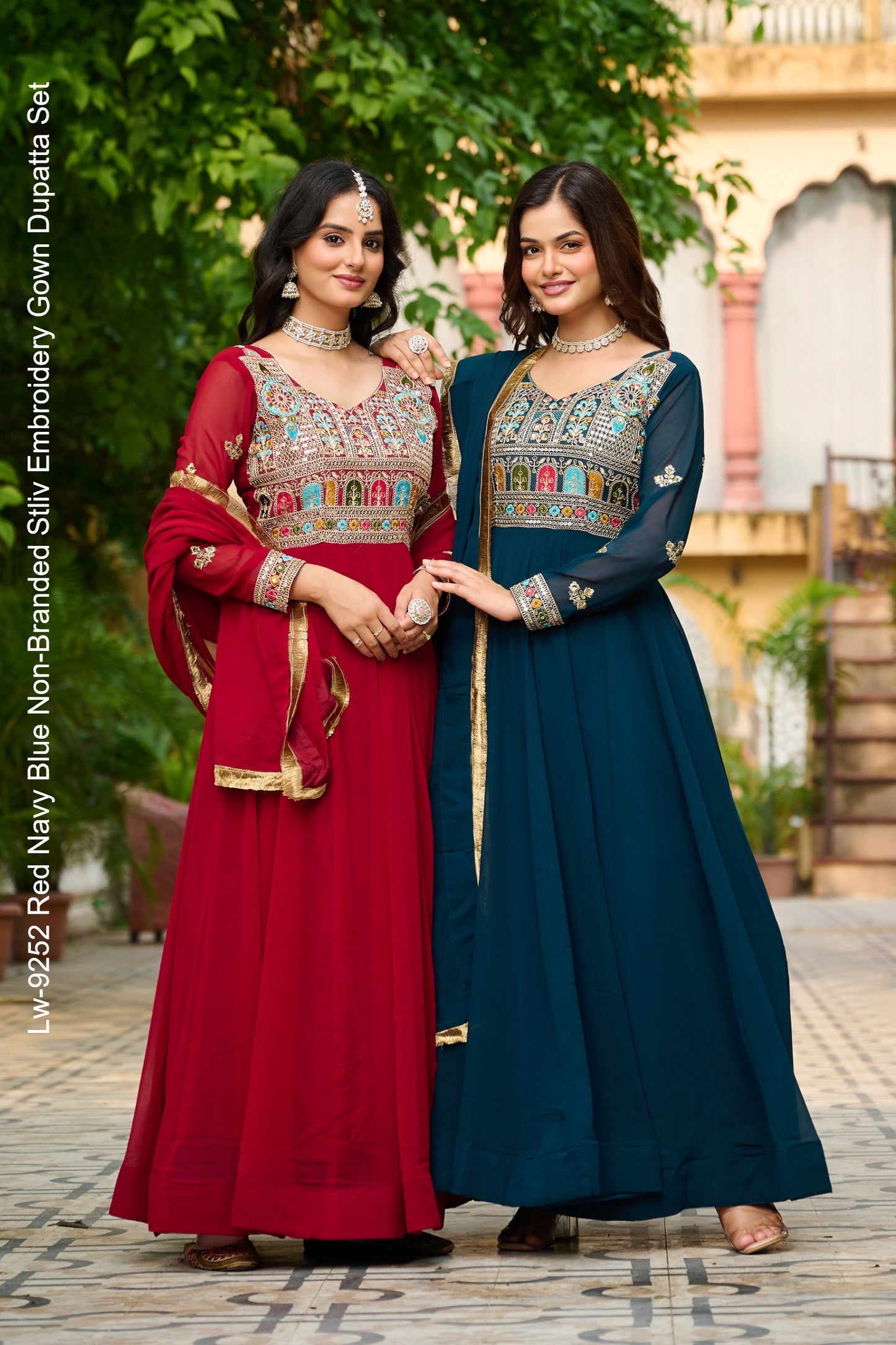 Lw-9252 Red Navy Blue Non-Branded Stliv Embroidery Gown Dupatta Set