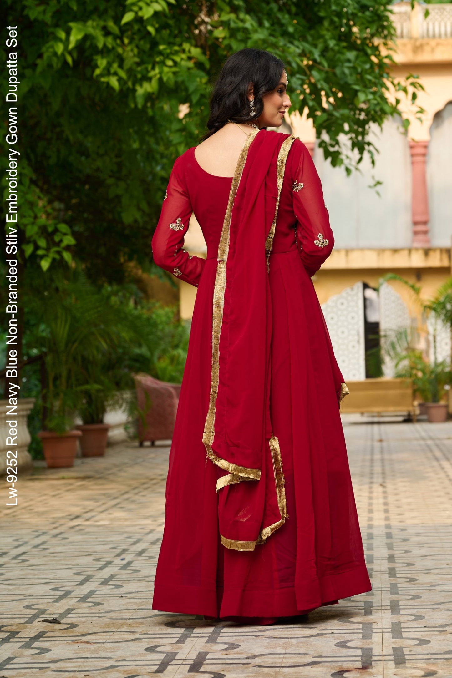 Lw-9252 Red Navy Blue Non-Branded Stliv Embroidery Gown Dupatta Set