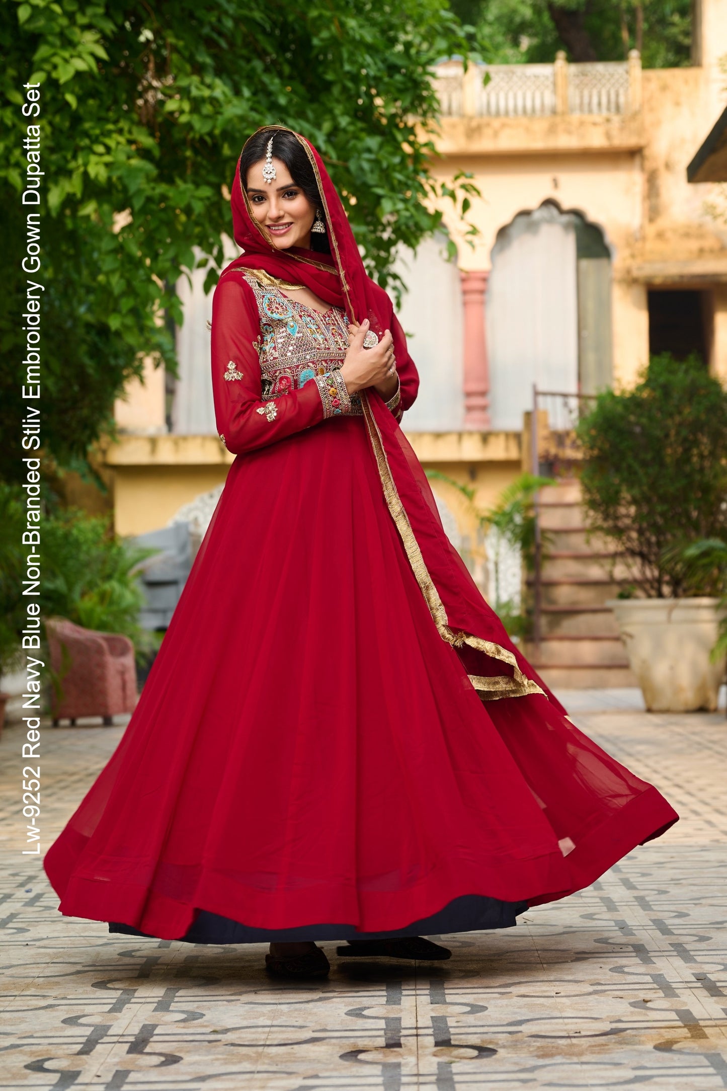Lw-9252 Red Navy Blue Non-Branded Stliv Embroidery Gown Dupatta Set