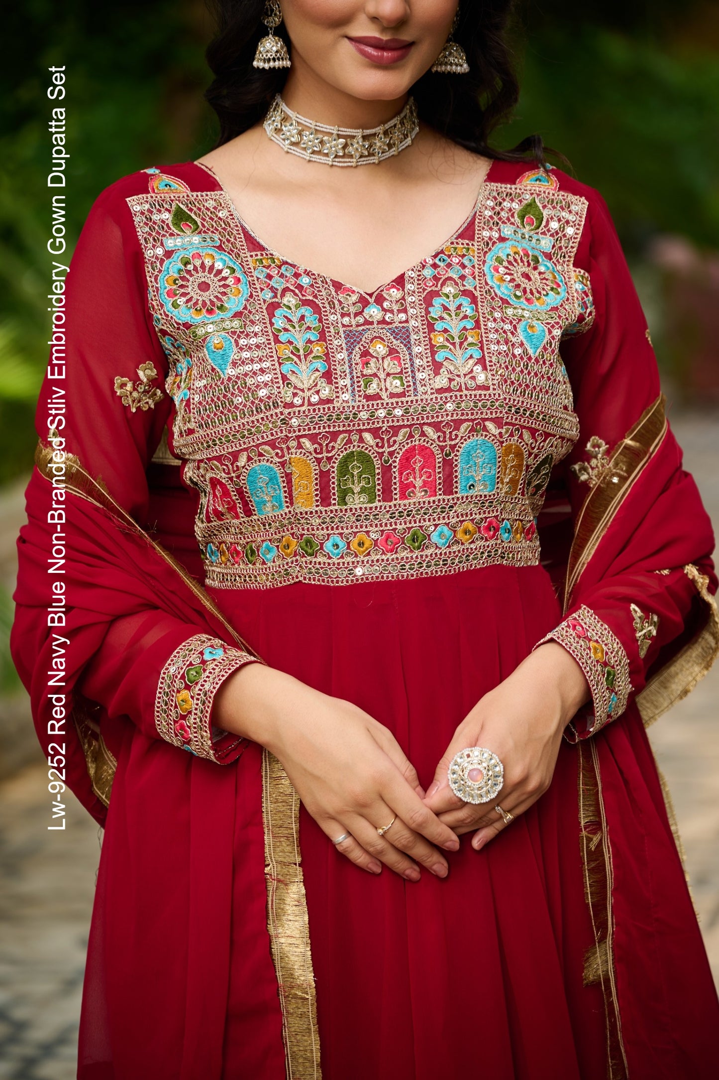Lw-9252 Red Navy Blue Non-Branded Stliv Embroidery Gown Dupatta Set