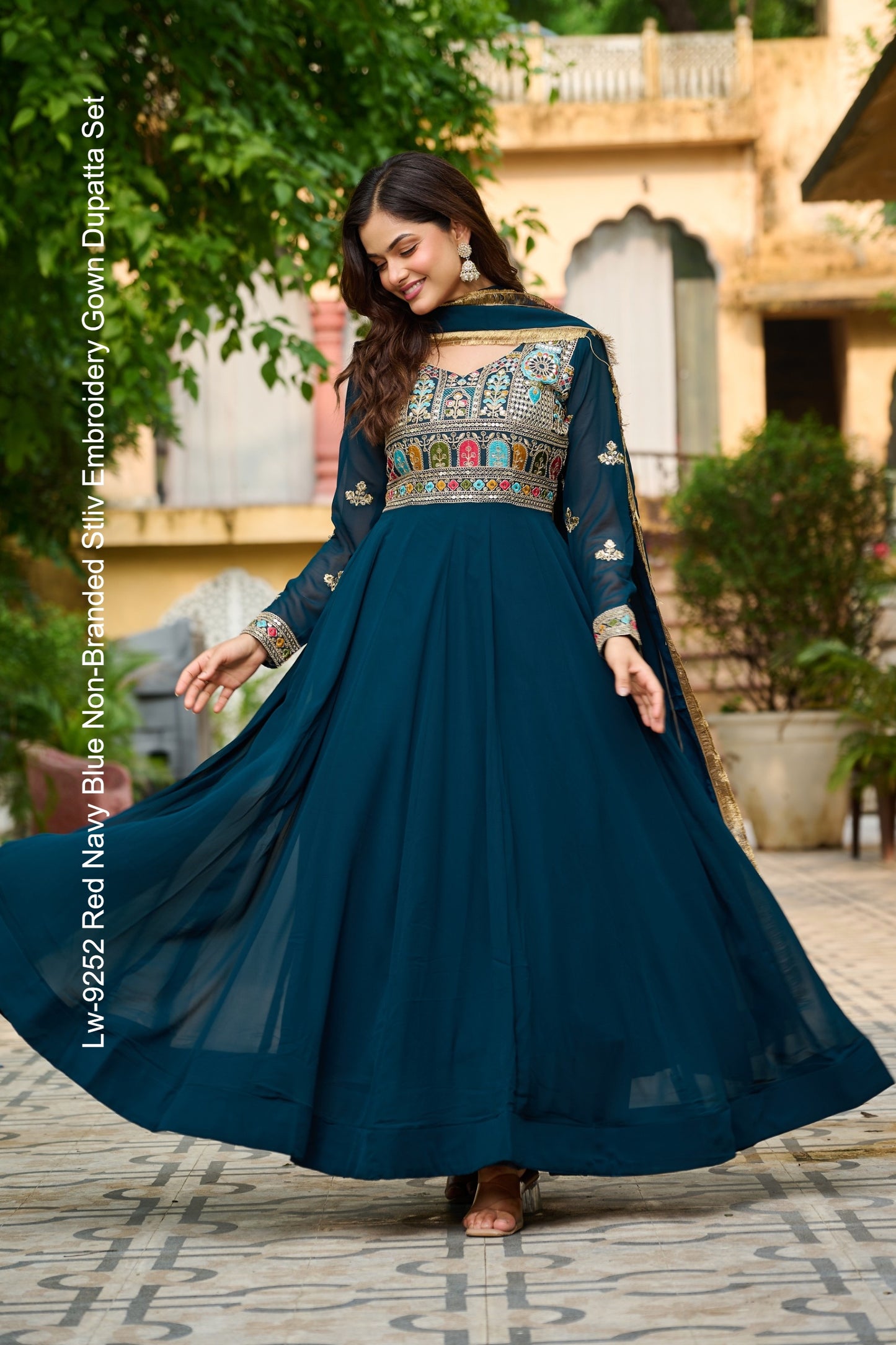 Lw-9252 Red Navy Blue Non-Branded Stliv Embroidery Gown Dupatta Set