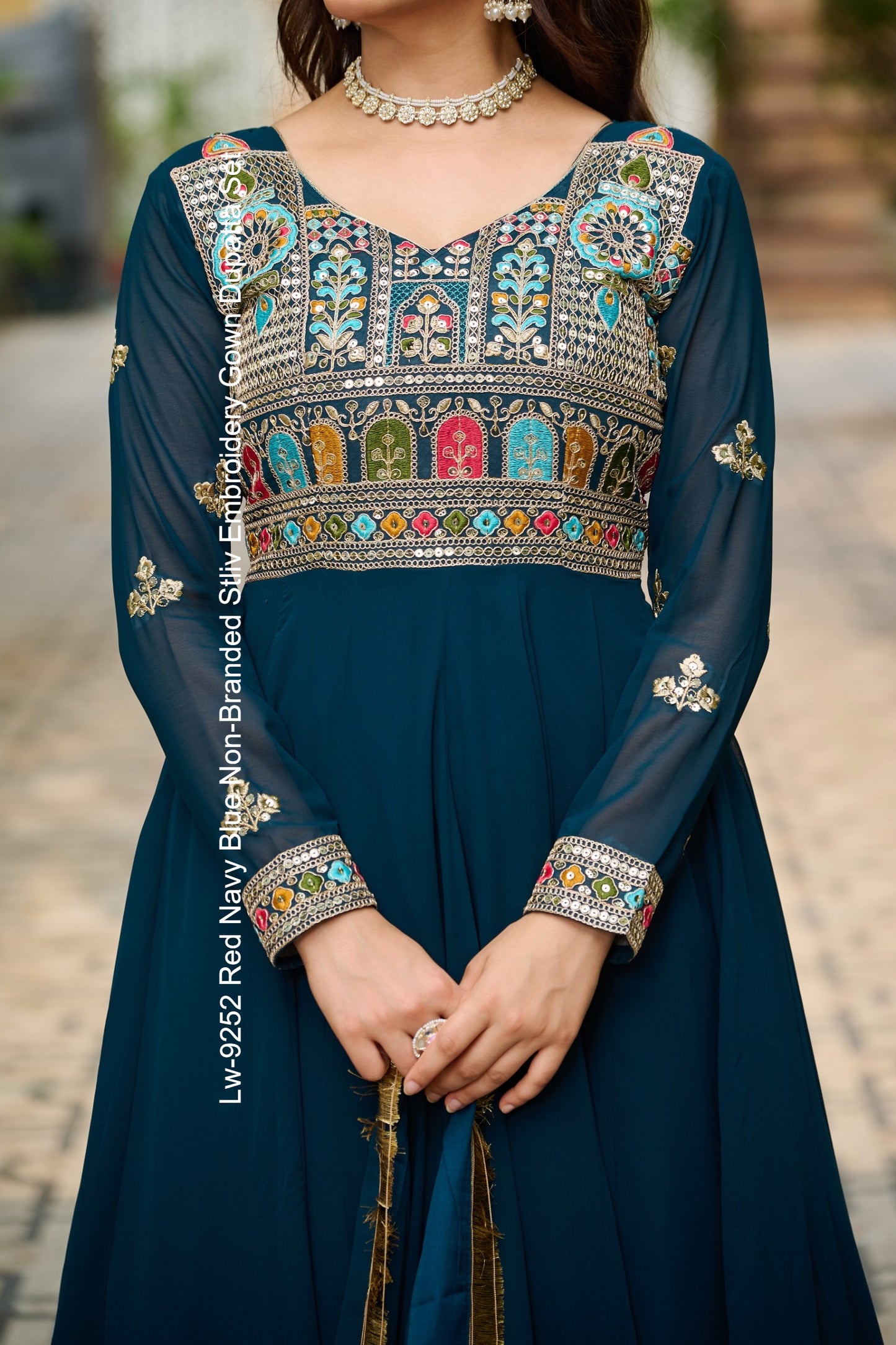 Lw-9252 Red Navy Blue Non-Branded Stliv Embroidery Gown Dupatta Set