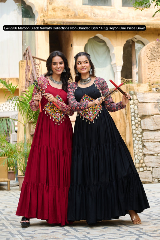 Lw-9256 Maroon Black Navratri Collections Non-Branded Stliv 14 Kg Reyon One Piece Gown