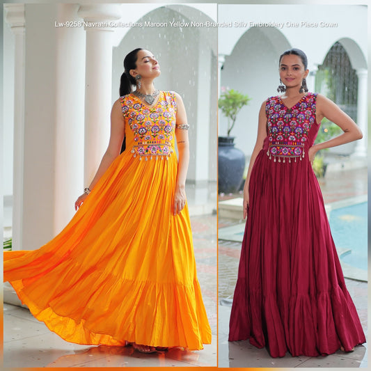 Lw-9258 Navratri Collections Maroon Yellow Non-Branded Stliv Embroidery One Piece Gown