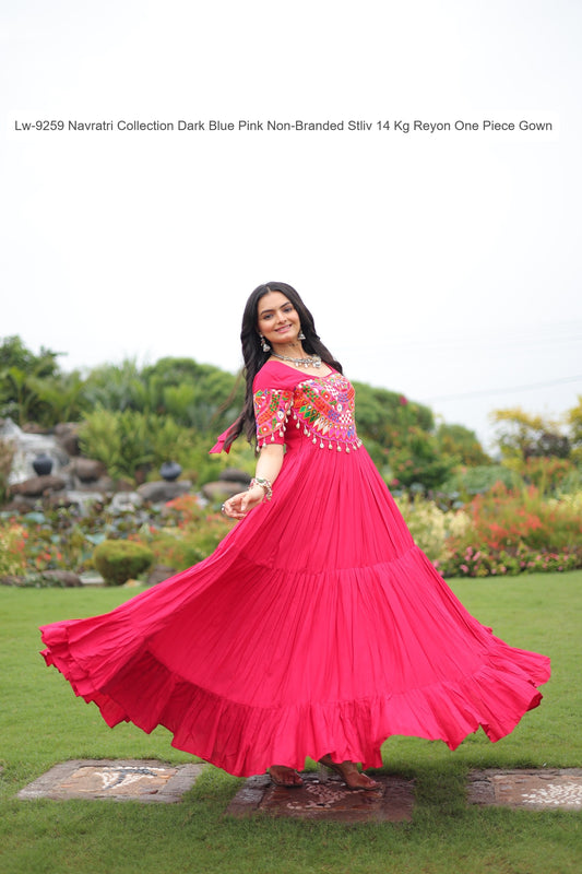 Lw-9259 Navratri Collection Dark Blue Pink Non-Branded Stliv 14 Kg Reyon One Piece Gown