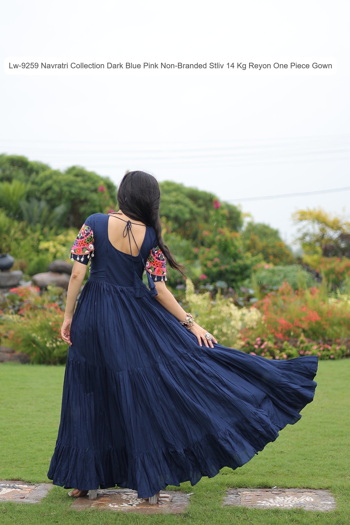 Lw-9259 Navratri Collection Dark Blue Pink Non-Branded Stliv 14 Kg Reyon One Piece Gown