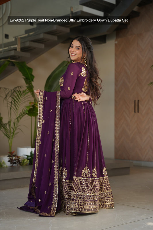 Lw-9262 Purple Teal Non-Branded Stliv Embroidery Gown Dupatta Set