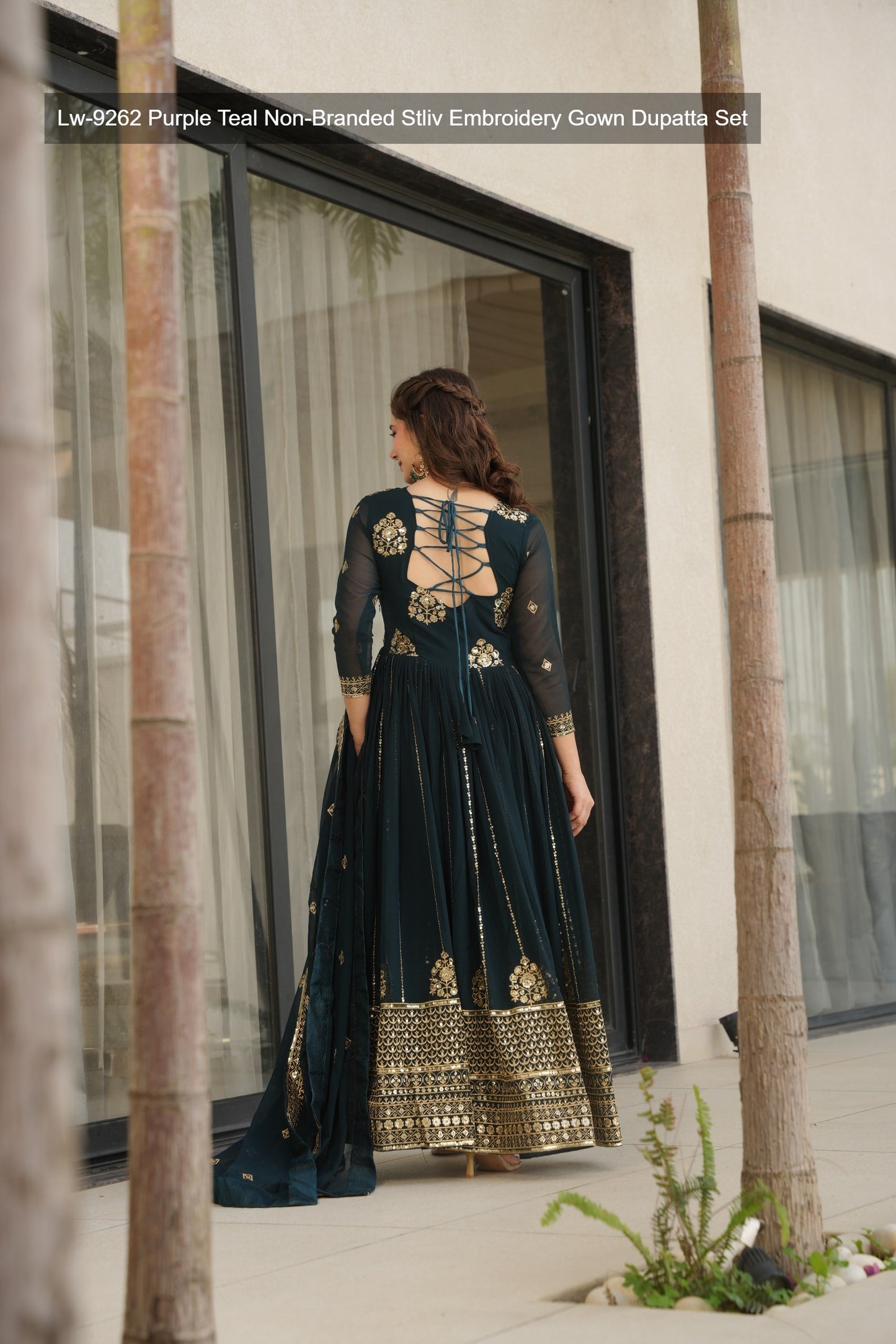 Lw-9262 Purple Teal Non-Branded Stliv Embroidery Gown Dupatta Set