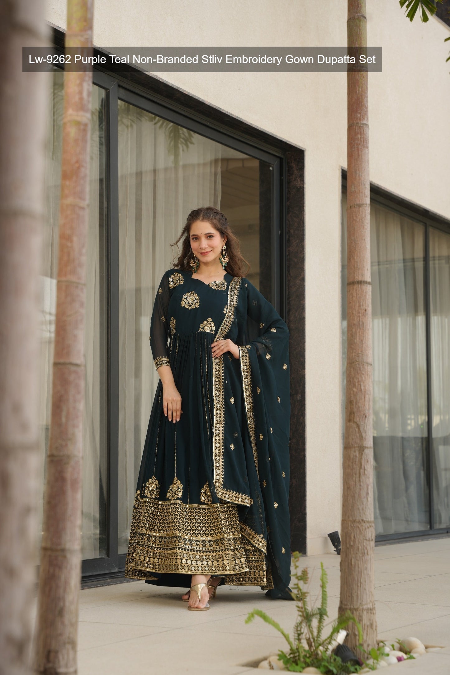 Lw-9262 Purple Teal Non-Branded Stliv Embroidery Gown Dupatta Set