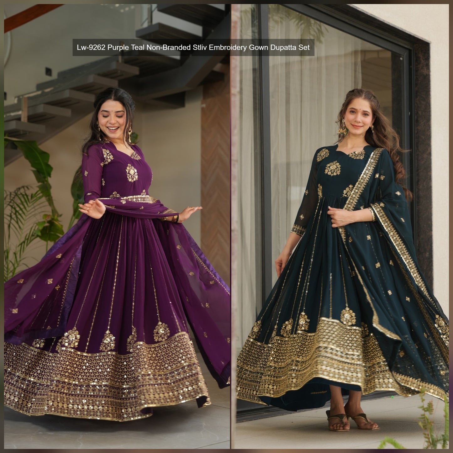 Lw-9262 Purple Teal Non-Branded Stliv Embroidery Gown Dupatta Set