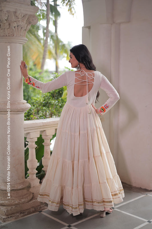 Lw-9264 White Navratri Collections Non-Branded Stliv Kora Cotton One Piece Gown