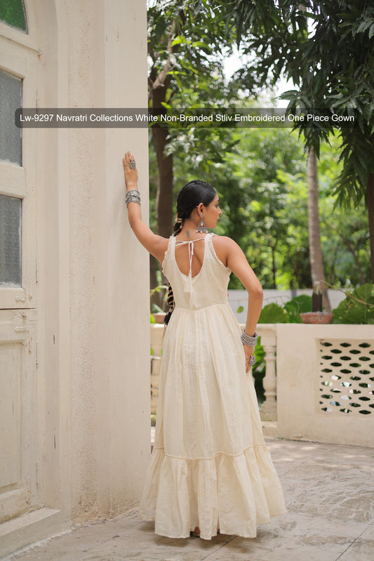 Lw-9297 Navratri Collections White Non-Branded Stliv Embroidered One Piece Gown