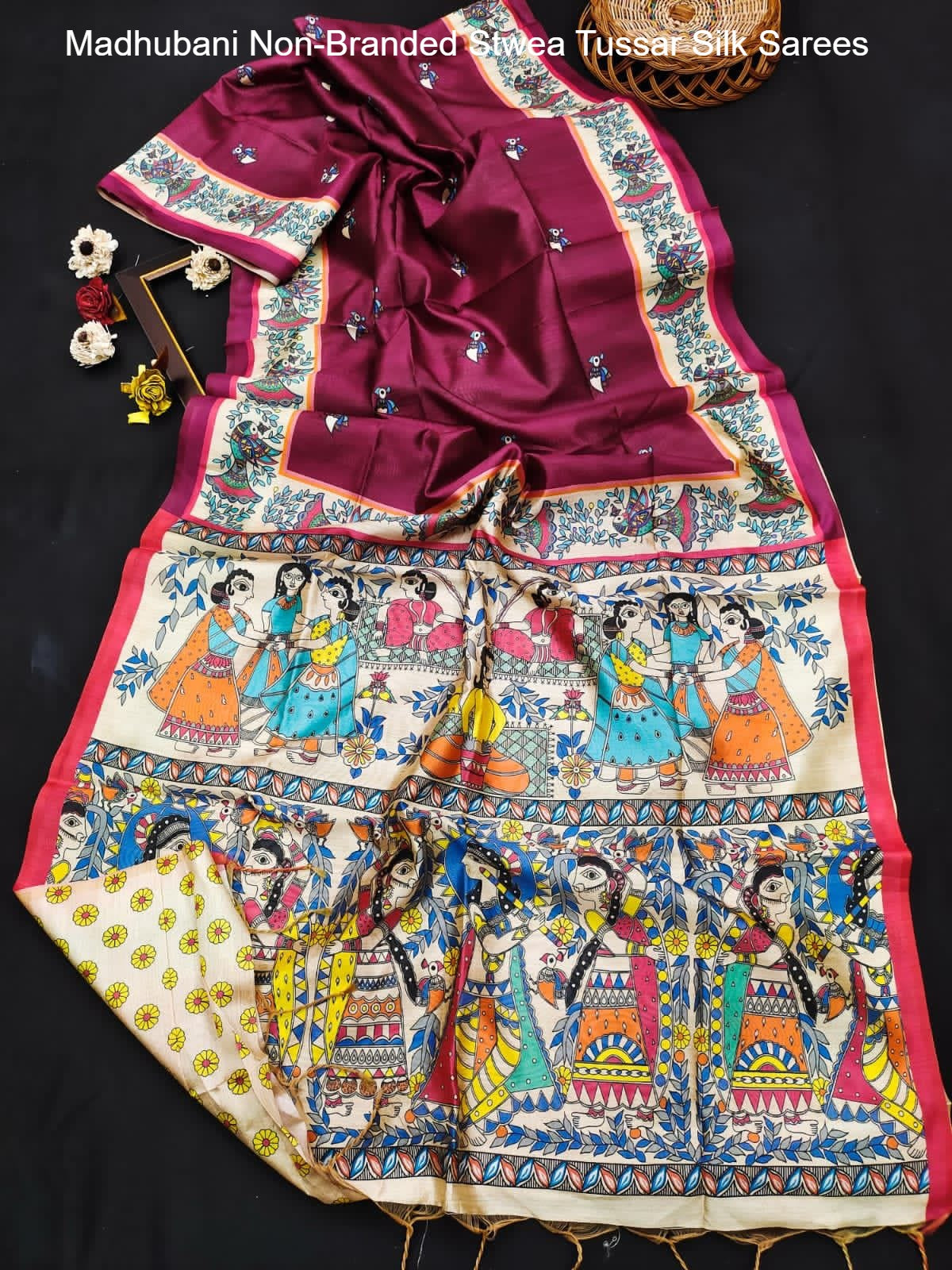 Madhubani Non-Branded Stwea Tussar Silk Sarees