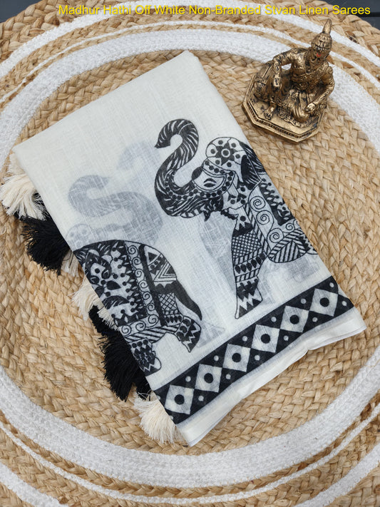 Madhur Hathi Off White Non-Branded Stvan Linen Sarees